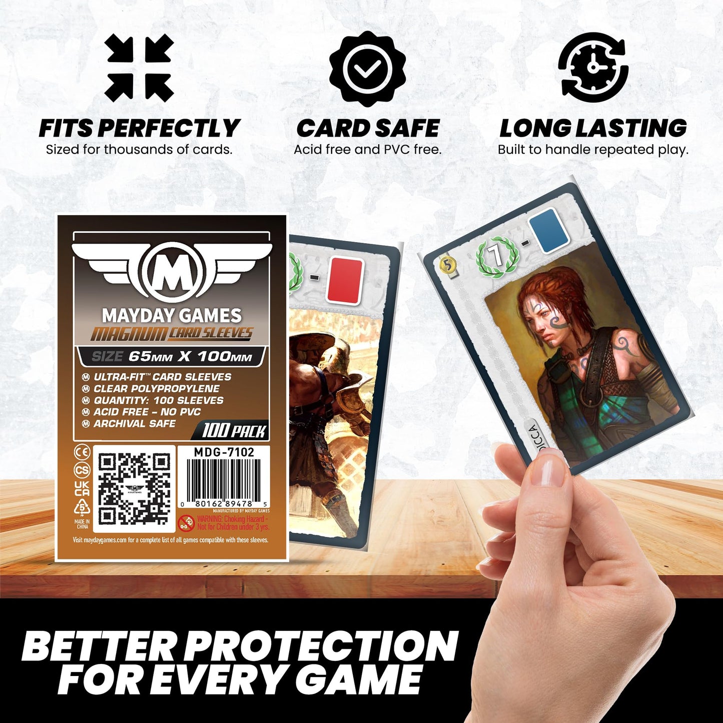 MayDay Games Magnum Card Sleeves 65x100mm - Clear Polypropylene, 40 Micron, 100 Standard Board Game Card Sleeves, Compatible with 7 Wonders - MDG-7102