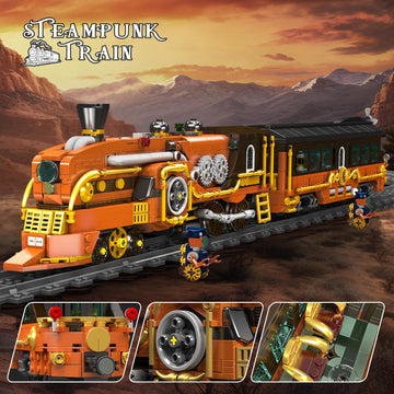 Mould King 12046 Steampunk Train Building Set, Western Train with Track, Buildable Model with Battery, Display Model Toy for Adults Collection