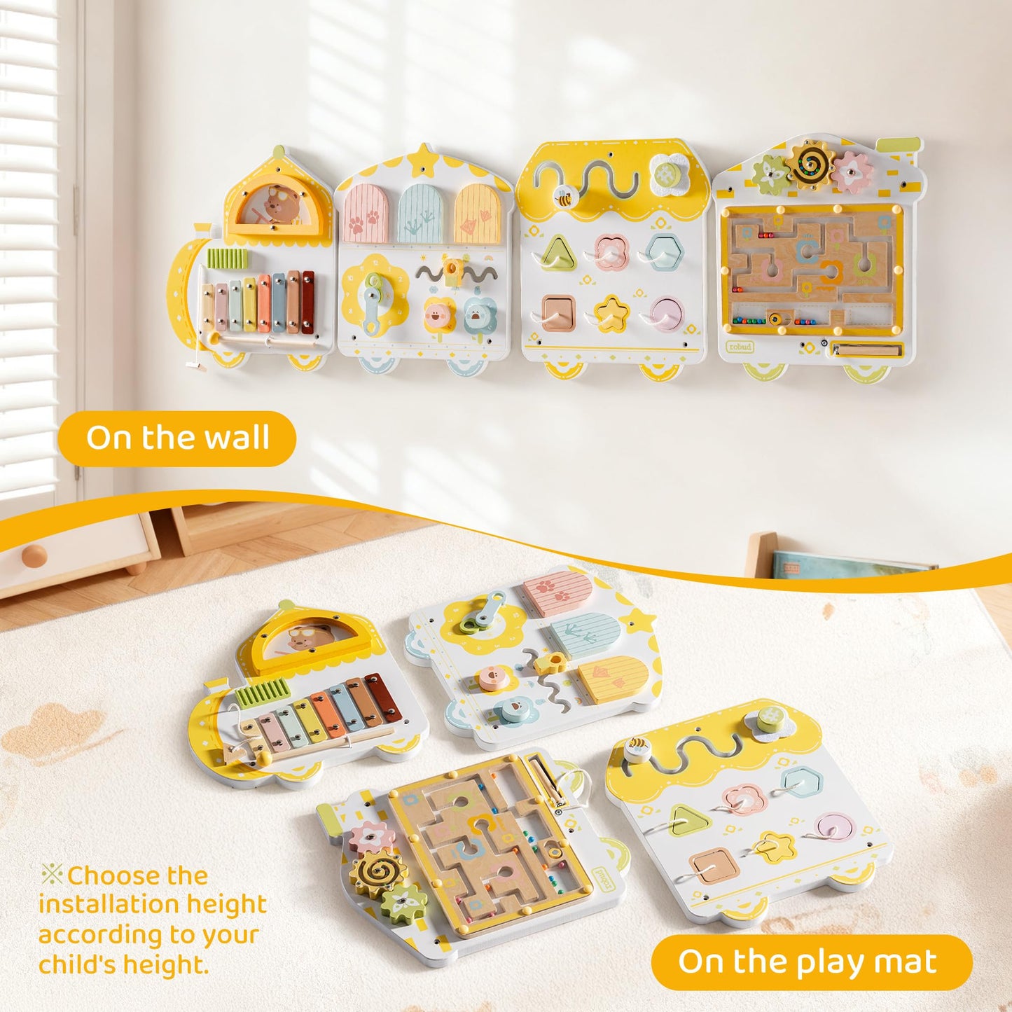 ROBUD Activity Wall Busy Board, Spring Train Montessori Busy Board, 12-in-1 Wooden Sensory Wall Panel, Montessori Sensory Wall Panel for Boys & Girls