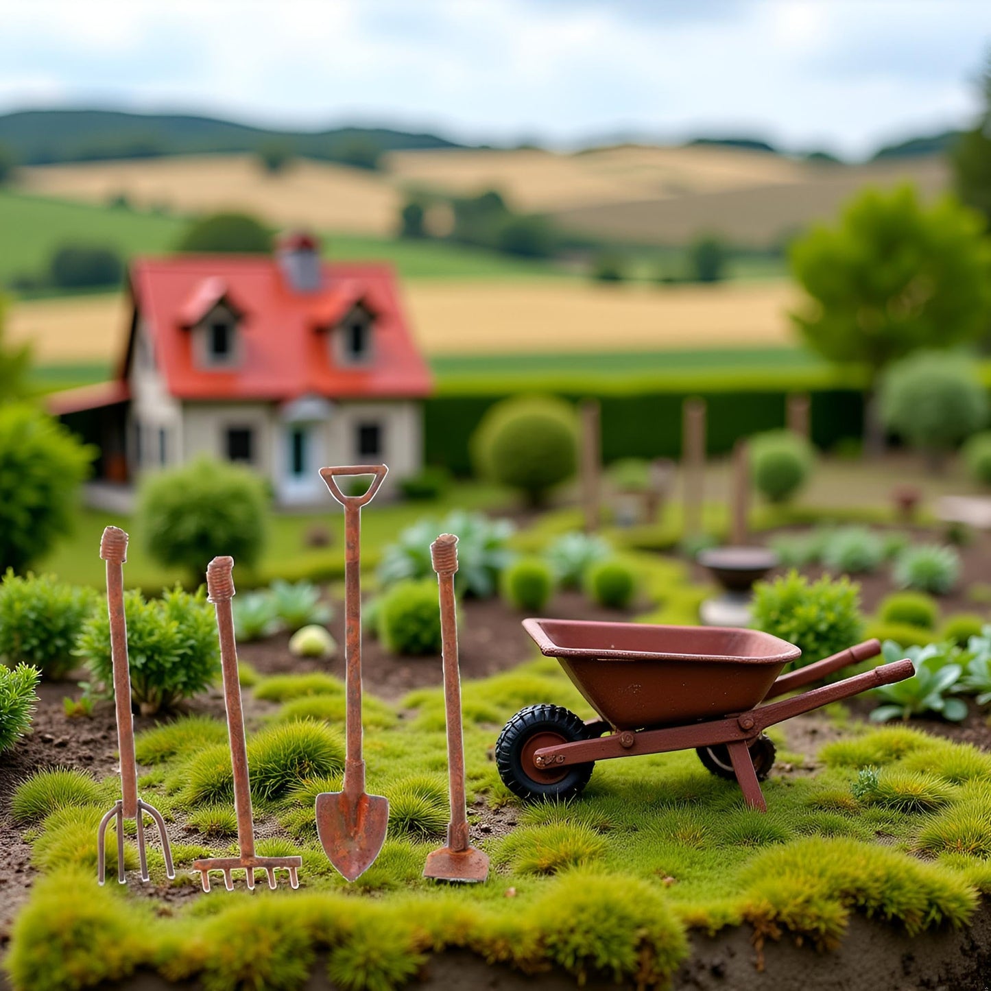 4 Pcs/Set Miniature Dollhouse Garden Tools 1:12 Mini Rusty Shovel Hoe and Pitchfork Fairy Garden Accessories Furniture Ornaments Micro Landscape Decor