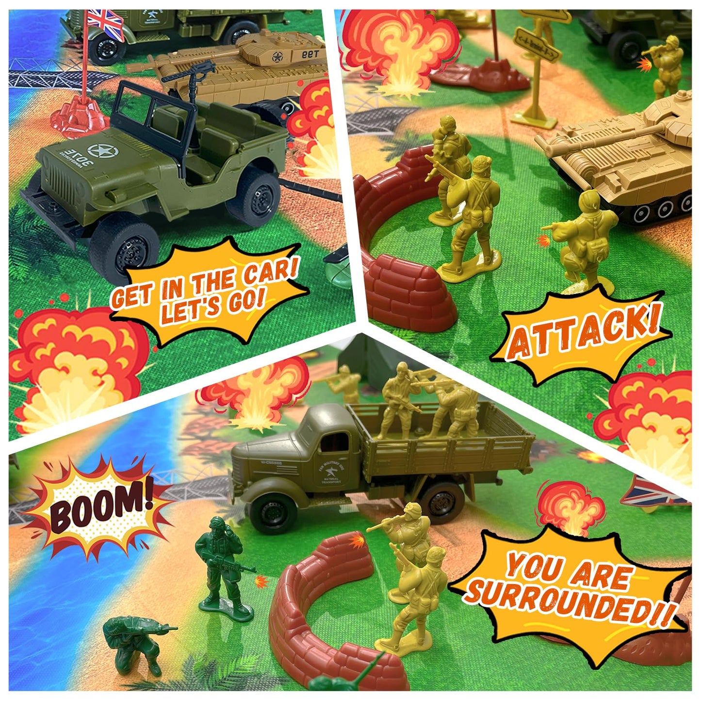 TALGIC Army Men Toys Large Battle Playset-Set Includes Army Men Action Figures, Military Battle Mat, Tanks, Helicopters, Jeep, Ambulance, Trucks