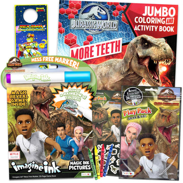 Jurassic World Camp Cretaceous Coloring Book Set with Stickers ~ Bundle with Chaos Theory Dino Coloring and Activity Book, Imagine Ink, Play Pack,
