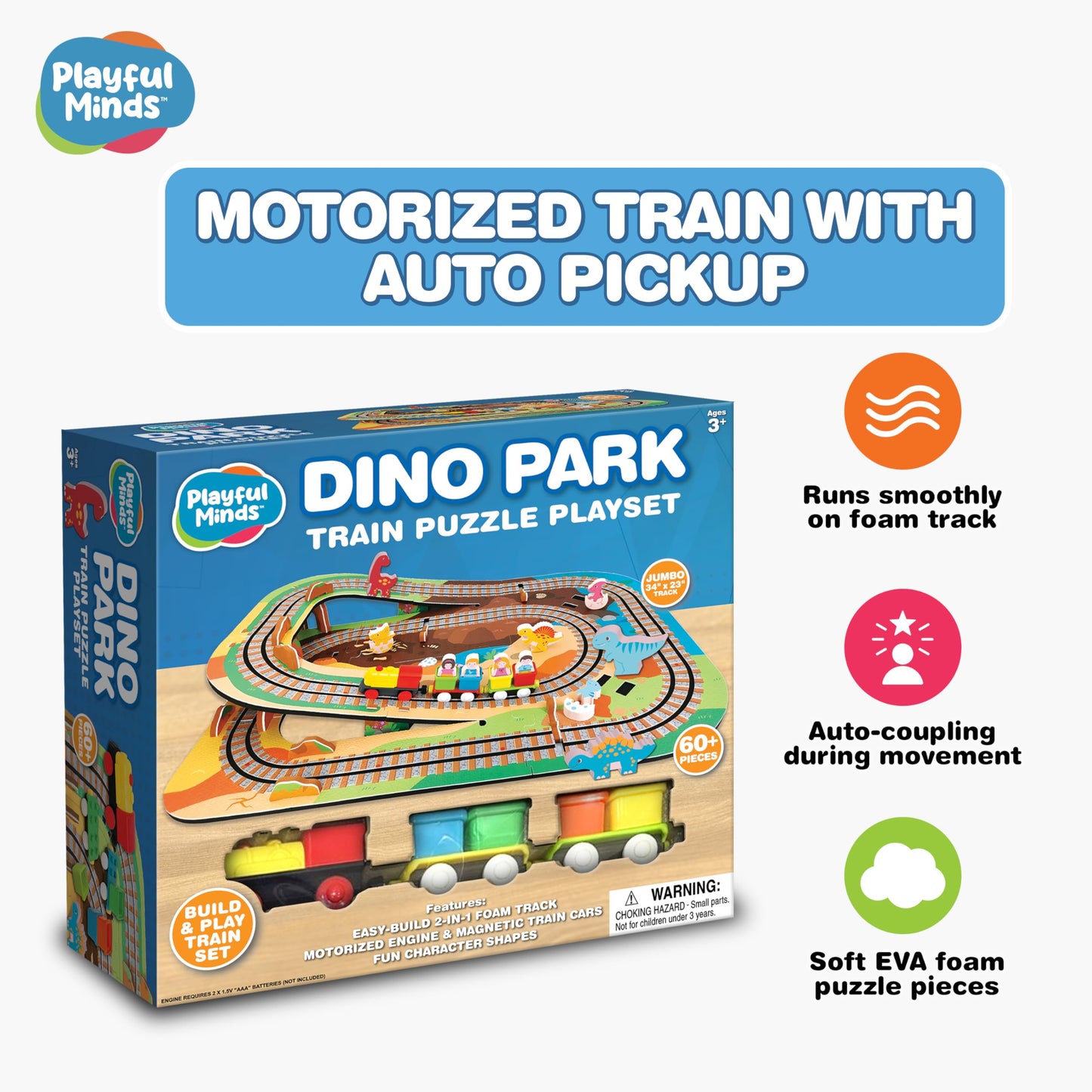 Playful Minds Dino Park Train Puzzle Playset - 60 Pc Build and Play Railway Set for Toddlers and Kids Ages 3-5 - EVA Foam Puzzle Track with Motorized
