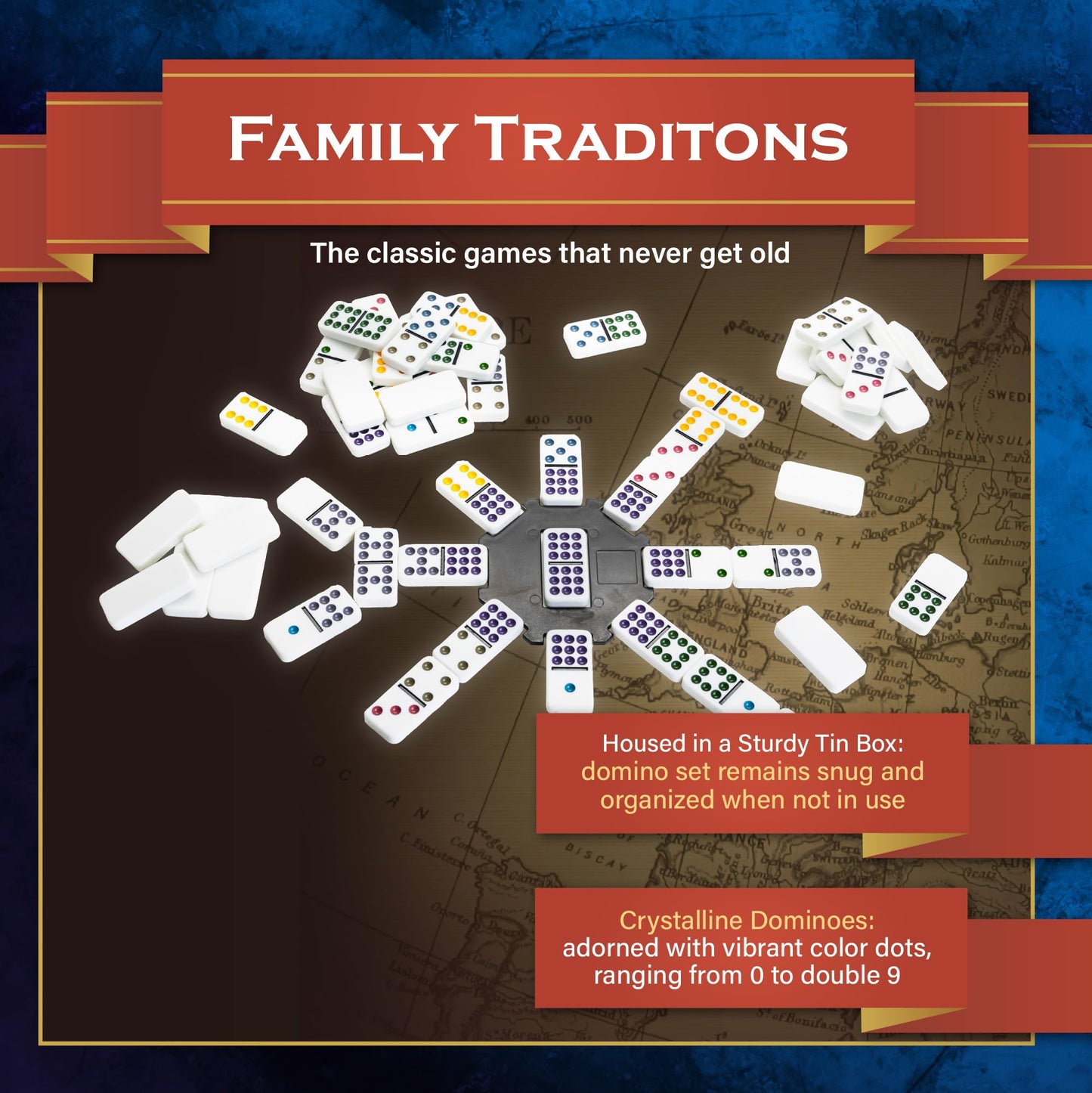 Continuum Games Family Traditions Double 9 Dominoes - 55 Piece Set in Storage Tin, Crystalline Dominoes for Kids and Adults, Classic Game Night
