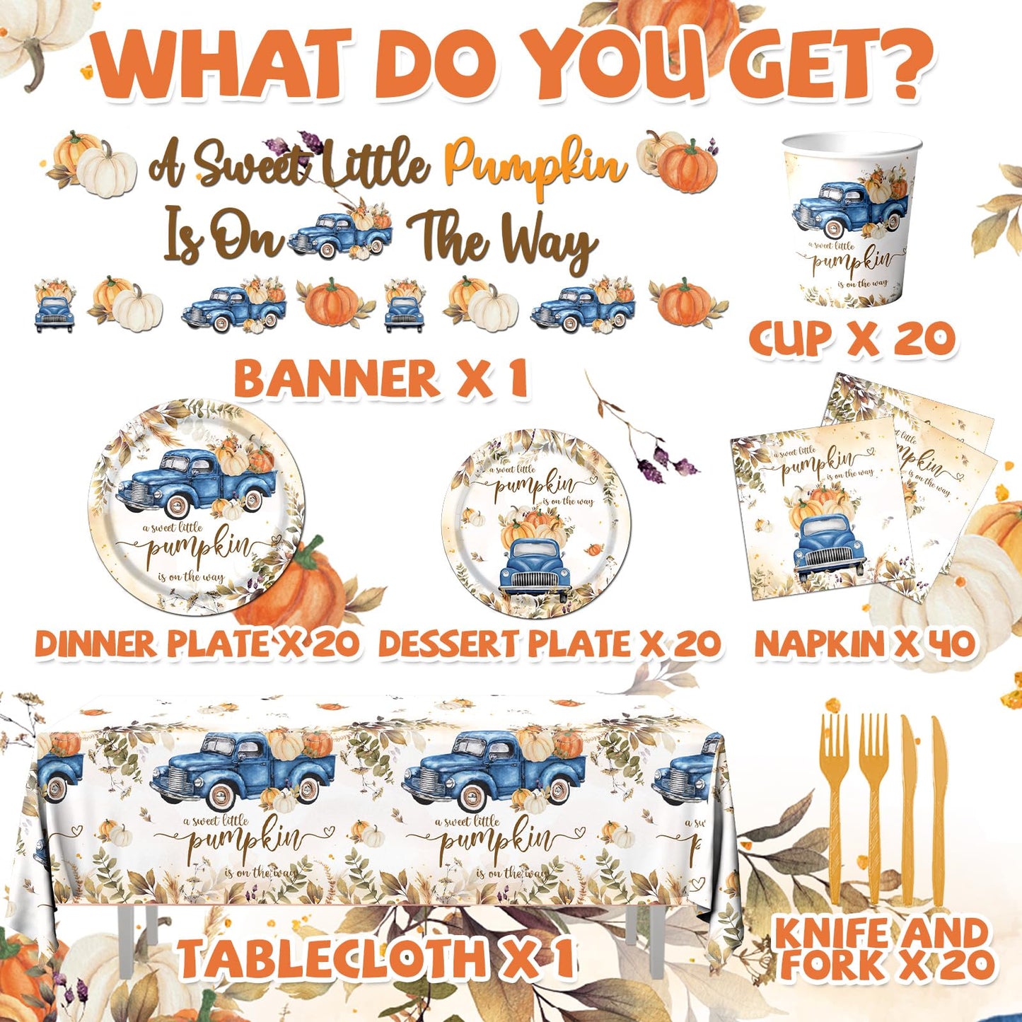Little Pumpkin Baby Shower Decorations, 142pcs A Sweet Little Pumpkin Is On The Way Banner Pumpkin Plates and Napkins Boy Blue Truck Boho Thanksgiving