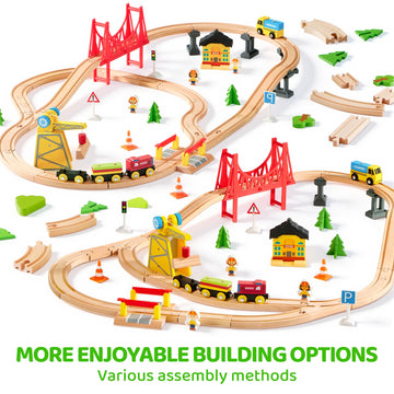 60PCS Wooden Train Set - Toy Magnetic Trains with Wooden Track Set for Kids Ages 3-8, Construction Crane Railway Set, Perfect Easter Birthday Gift