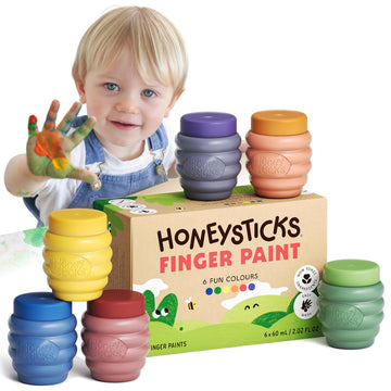 Honeysticks Non Toxic Finger Paint (6 Bright Colors), Washable from Skin, Safe Finger Painting for Toddlers, Kids Ages 1-3, 2-4, 3-5, Perfect First