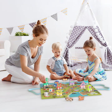 ORBRIUM Wooden Train Set Magnetic Dinosaur Trains Montessori STEM Toys Number Counting Shapes Colors Dice Game Mat Bag for Toddlers Kids Grandkids