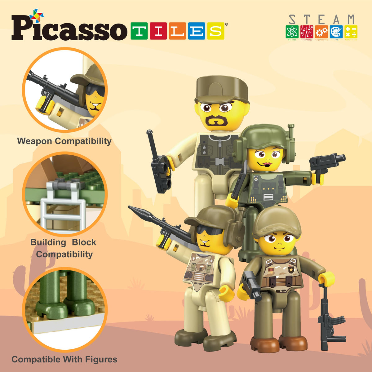 PicassoTiles Magnet Tile Building Brick Blocks Military Combat Force Theme Magnetic Tiles Construction Block Playset 4 Character Action Figures with