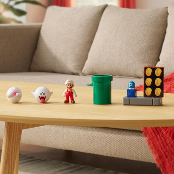 Super Mario Action Figures Spinning Spirit House Diorama Playset with 2.5-Inch Fire Mario Figure, Shy Boo, Boo, Green Pipe and Rotating Brick Wall