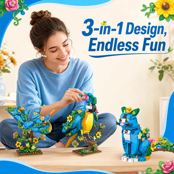 Myth Qholve 3 in 1 Macaw Parrot Building Set, 400+ PCS Colorful Animal Figure Construction Model for Home Office Desk Decoration
