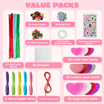 JOYIN Valentines Day 264 Pcs DIY Heart Felt Craft Set, Felt & Glitter Hearts & Wooden Beads & Plastic Eyes & Colorful Paper Ropes for Valentine's Day