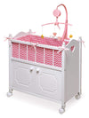Badger Basket Wooden Toy Doll Bed with Storage, Mobile, and Bedding - Includes Wheels and Free Personalization Kit to Pretend and Play - White