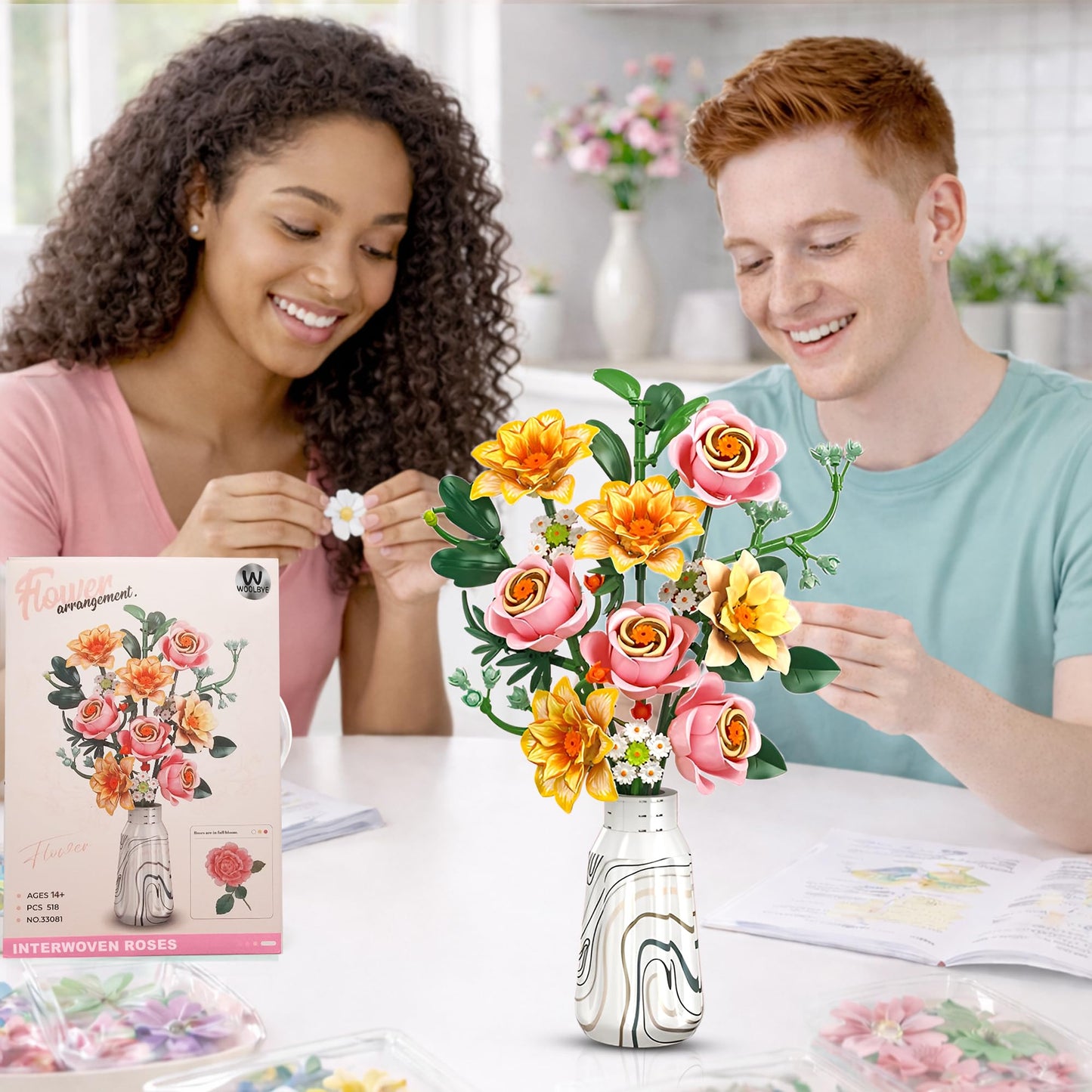 Woolbye Flowers Building Set Interwoven Roses Bouquet botanicals Collection Unique Home Décor or Office Décor Great Gift for Her and Him (VASE