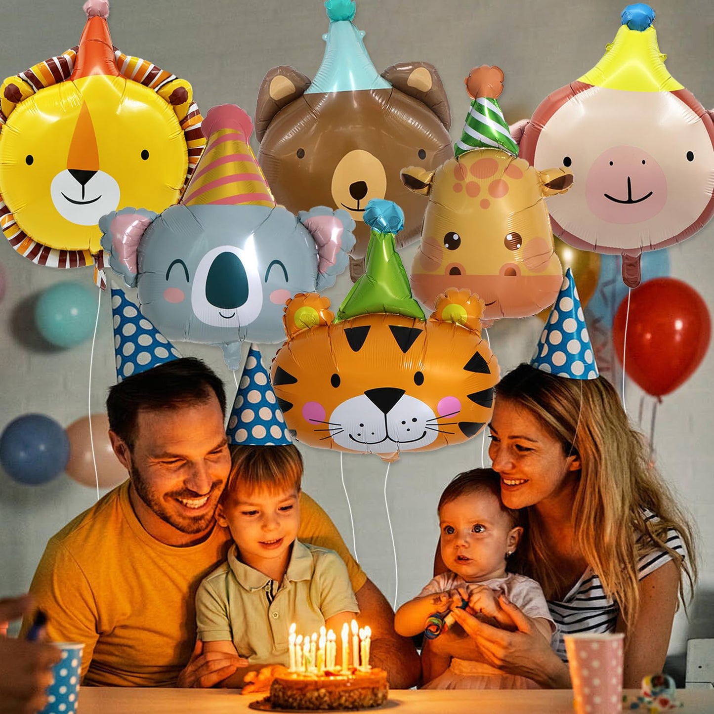 Paltianty 6Pcs Jungle Animal Foil Balloon Set, Lion Tiger Giraffe Monkey Koala Bear Balloons with Straw and Ribbon for Safari Birthday Party Decor