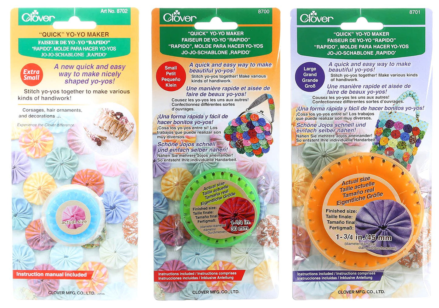 Bundle of Three (3) Quick Yo-Yo Makers: Extra Small (makes 3/4" yo-yos), Small (makes 1.25" yo-yos), and Large (makes 1.75" yo-yos)