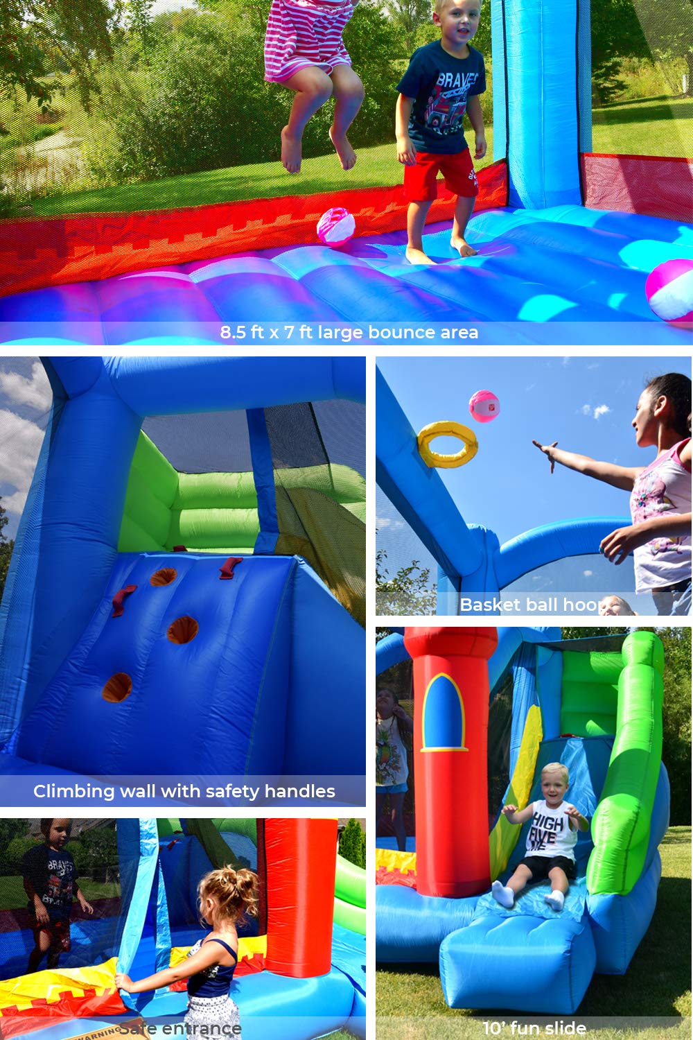 Bounceland Royal Palace Inflatable Bounce House, with Long Slide, Large Bouncing Area, Basketball Hoop and Sun Roof, 13 ft x 12 ft x 9 ft H, UL Strong