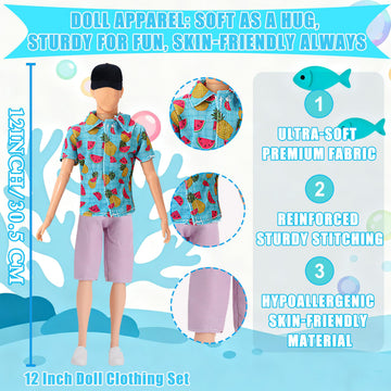 14 Pcs Fashion Doll Clothes Set for 12 Inch Dolls, 2 Outfits with Short Sleeve & Shorts, Includes Doll Shoes, Hat, Skateboard, Guitar & Toy Pets