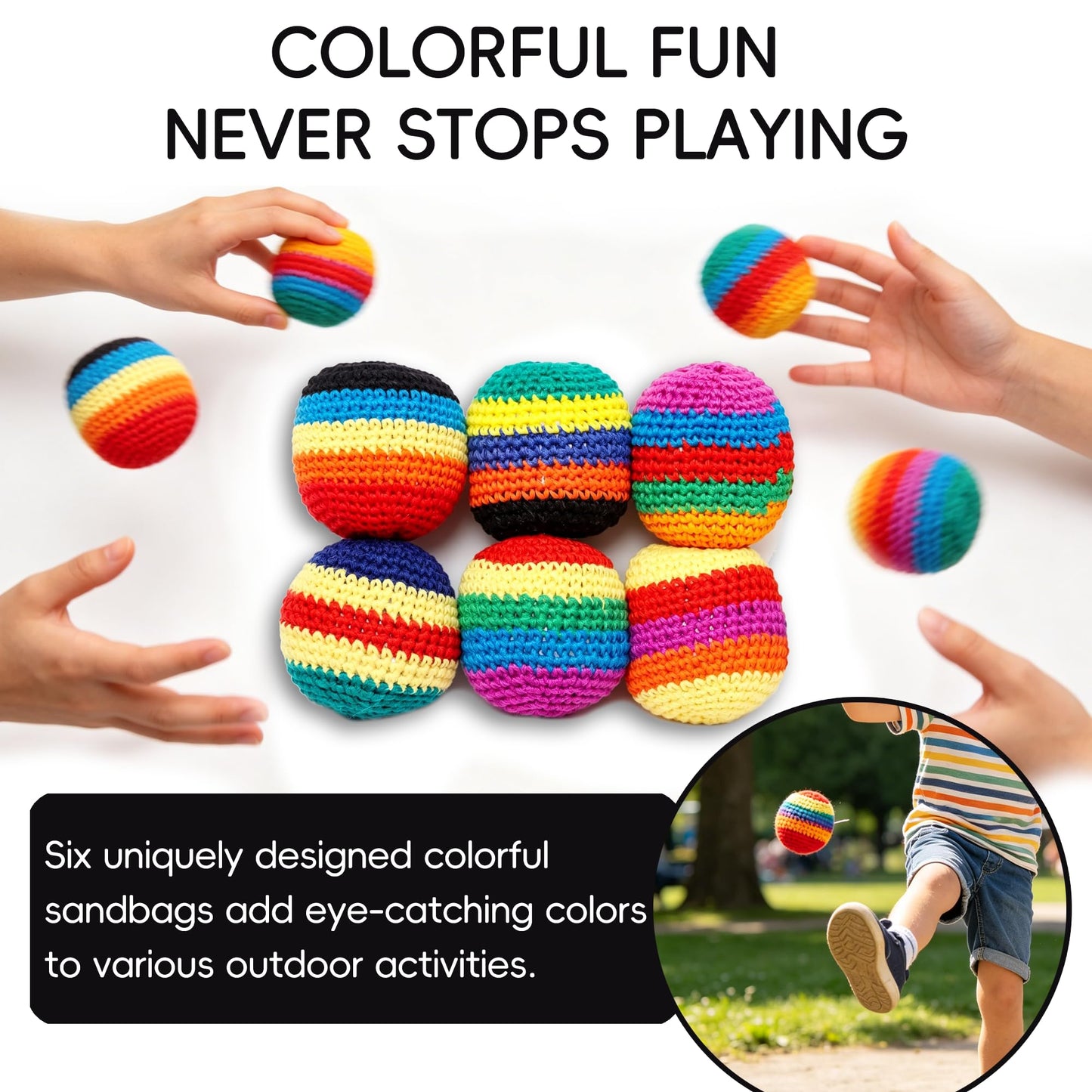 Krucsvaom 6 Pack Footbag Set - Handmade Crochet Kick Sack Balls for Adults & Beginners, Colorful Juggling Footbags, Pellet Filled Balance Toy