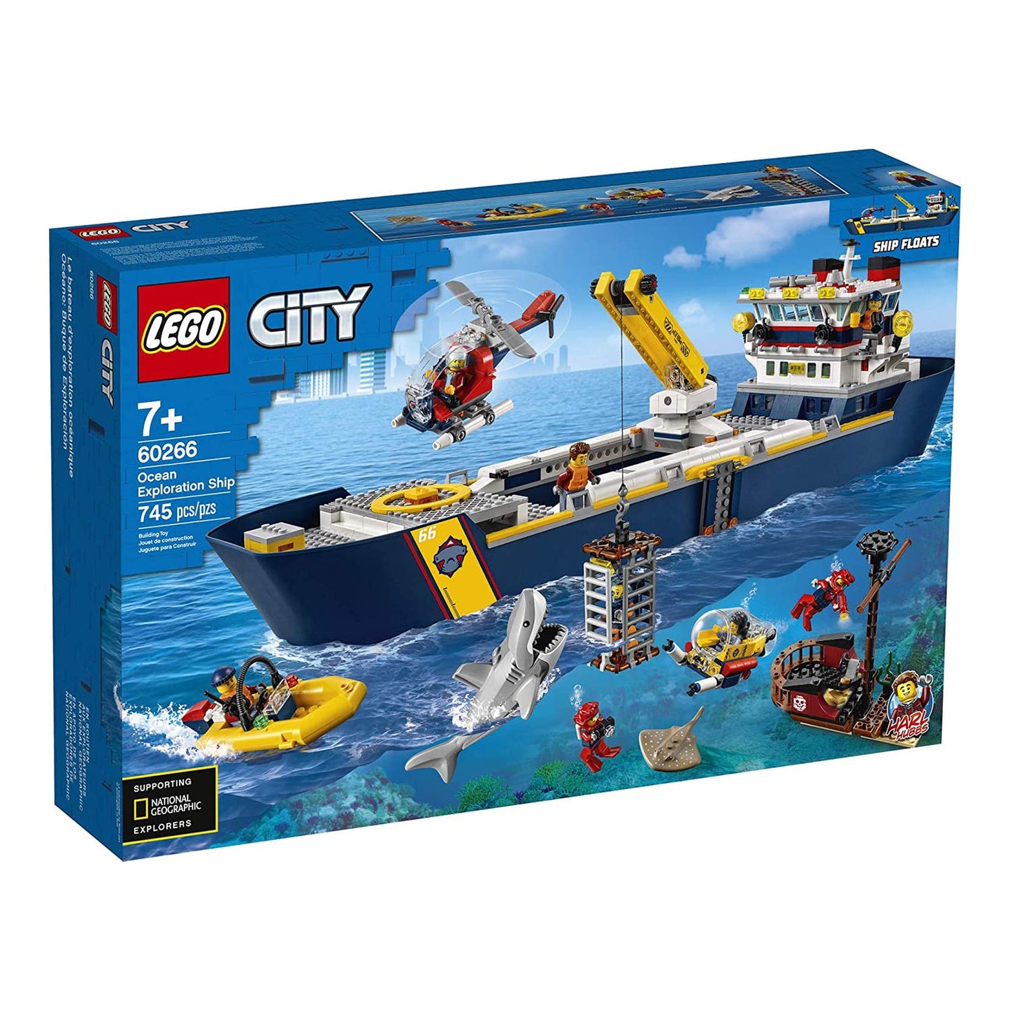 LEGO City Ocean Exploration Ship 60266, Toy Exploration Vessel, Mini Helicopter, Submarine, Shipwreck with Treasure, Lifeboat, Stingray, Shark, Plus 8