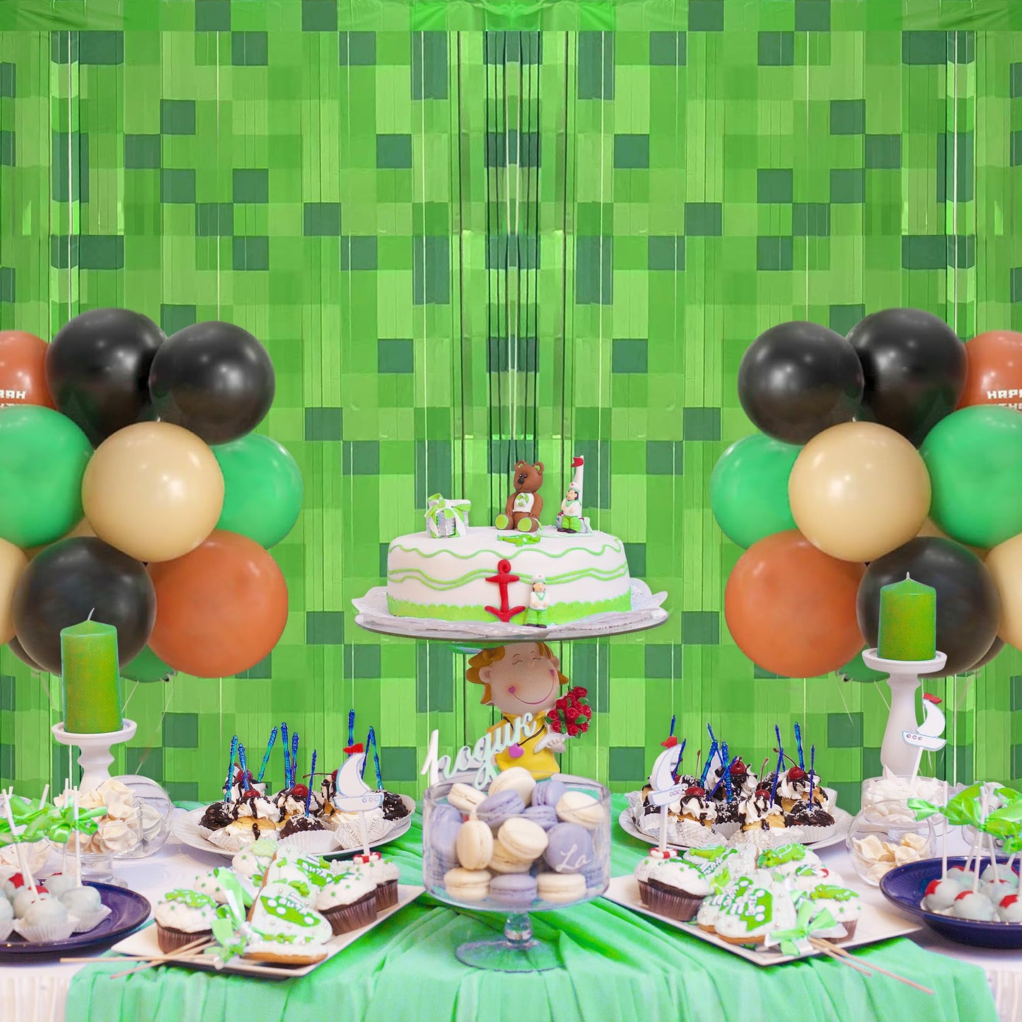 Green Pixel Miner Foil Fringe Curtains - 2 Pack 3.3x6.6ft Metallic Video Game Birthday Photo Booth Backdrop, Door Streamers for Gamer Party
