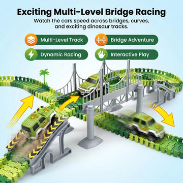 Dinosaur Race Track Toys for Boys 3-5, Flexible Bridge Car Track Set with 2 Toy Cars & Dinosaur Figures, Adventure Race Track Playset for Boys Age 4-7