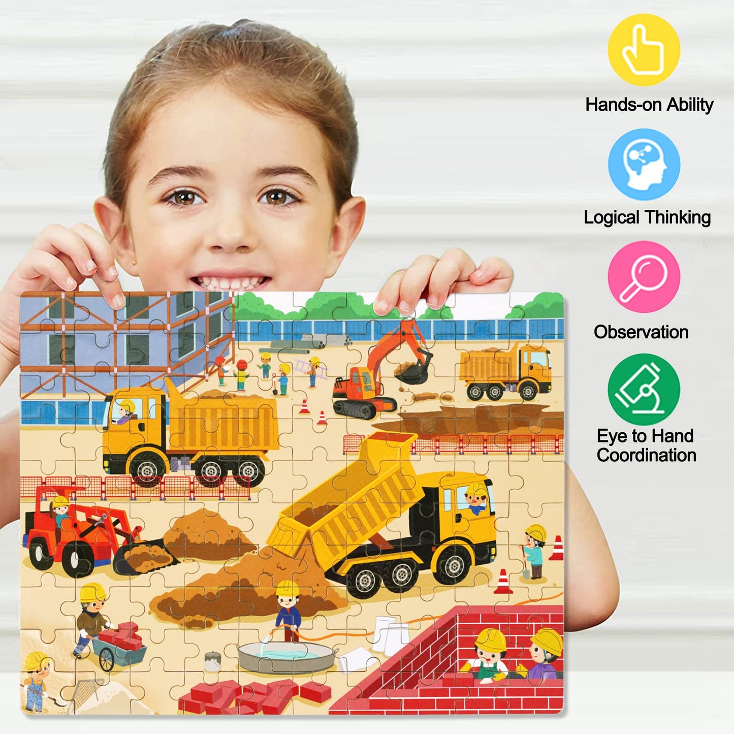 LELEMON 100 Pieces Jigsaw Puzzles in a Metal Box for Kids Age for 4-8 Boys Girls Toy Puzzles Construction Site Vehicles Children Learning Educational