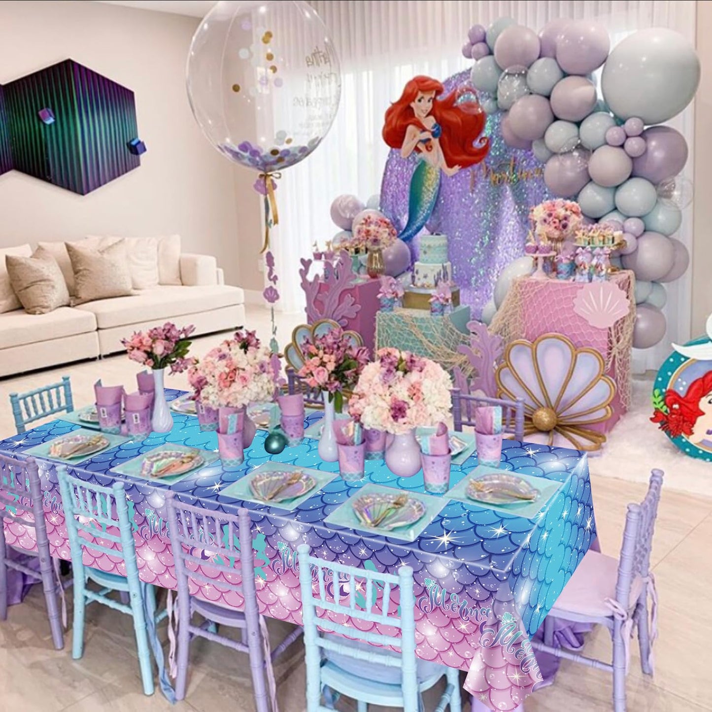 4 Pcs Rectangular Mermaid Table Covers, Disposable Table Cloths for Parties Under the Sea Baby Shower Mermaid Birthday Decorations, 51x86 Inch