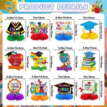 Preschool Graduations Decorations Class of 2026: 12pcs Preschool Graduation Honeycomb Centerpieces Kindergarden Graduation Table Decorations