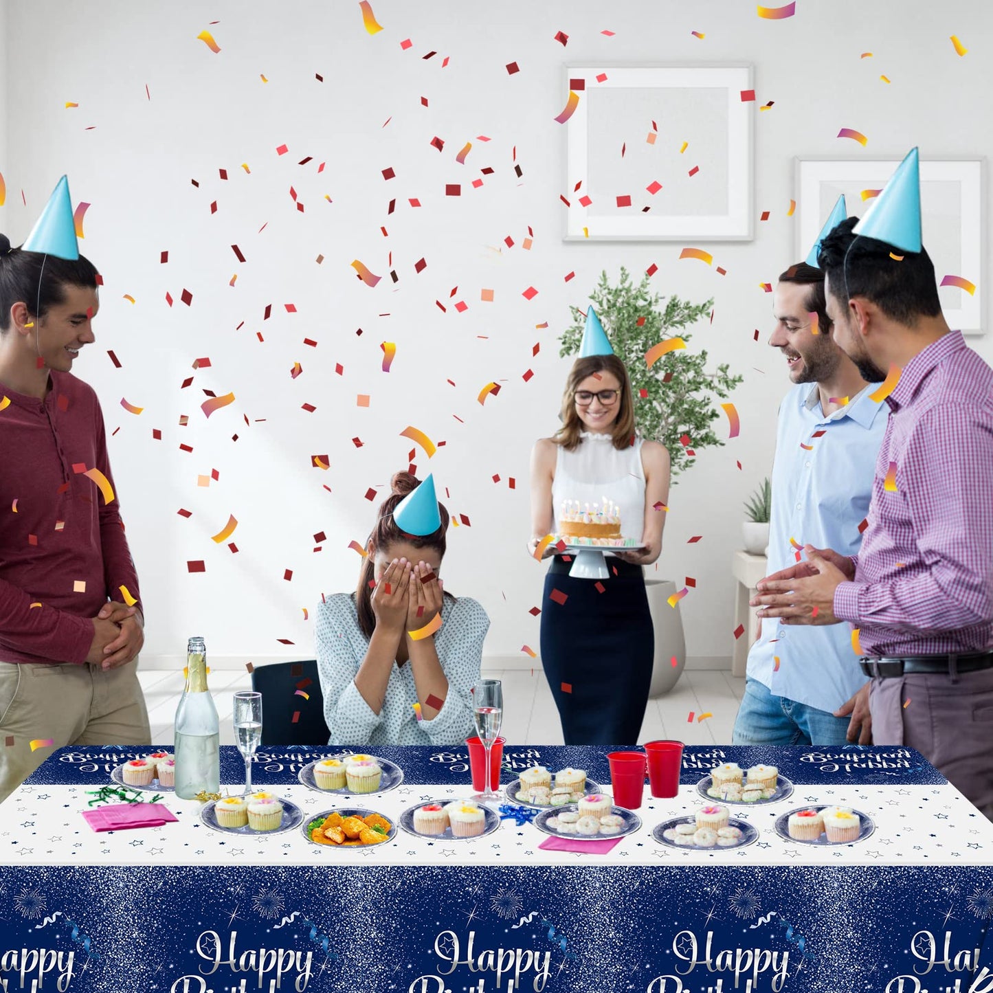 QUERICKY 2 Pack Navy Blue and Silver Happy Birthday Tablecloths, 51x87'' Plastic Disposable Rectangle Table Cover for Men Women Boys Girls Birthday