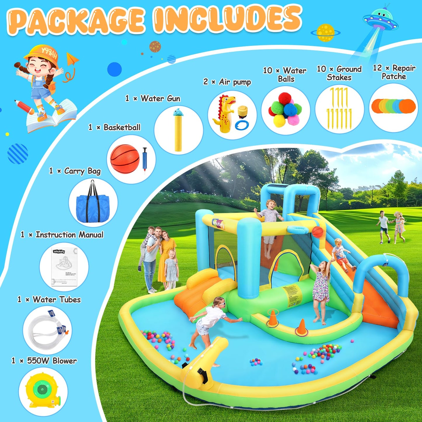 12-in-1 Inflatable Water Slide Bounce House for Big Kids, Waterslide Backyard 14.1x12Ft Waterpark with Jump Area/Catch Ball/Toss Rings, PVC Water
