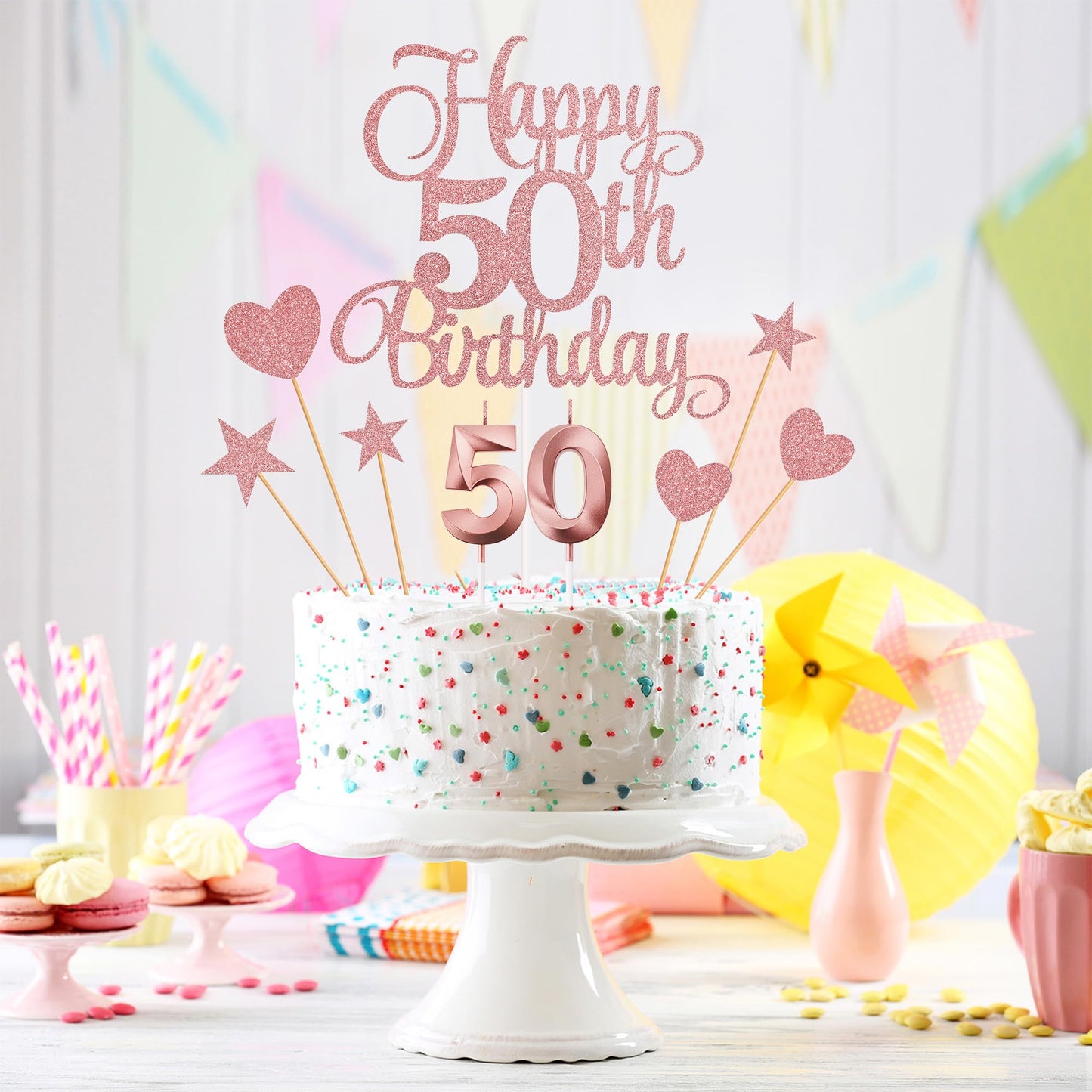 Lecferrarc 50th Birthday Cake Decorations, 50th Birthday Candles Cake Numeral Candles and Glitter Happy 50th Birthday Cake Toppers Set for Birthday