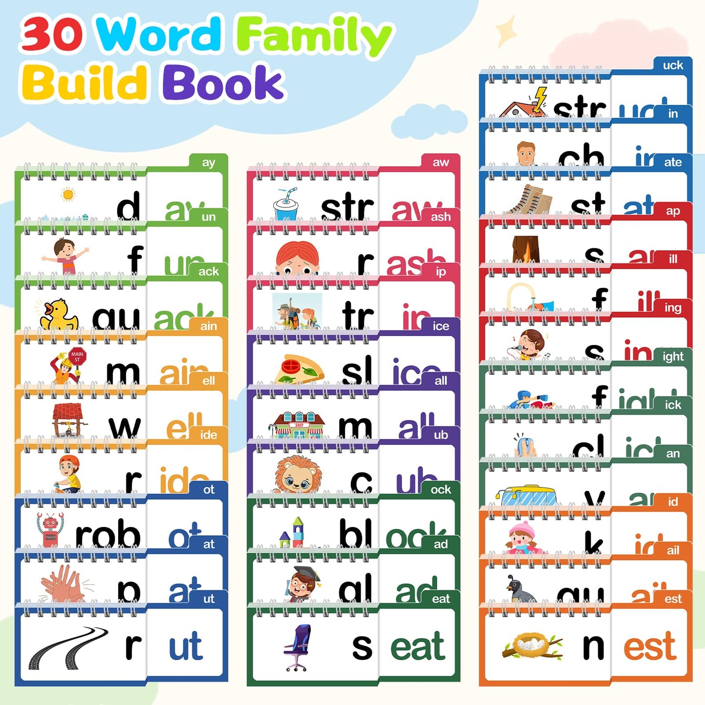 Word Family Build Book, 30 Read and Rhyme Flip Activity Book, Dinosaur ABC Learn to Read Phonics Flash Cards for Preschool/Kindergarten, CVC Words