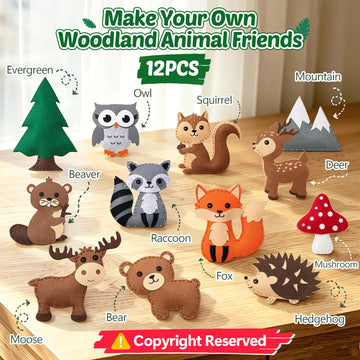 CiyvoLyeen Woodland Animals Craft Kit Kids DIY Crafting and Sewing Set Woodland Animals Felt Plushie for Girls and Boys Educational Beginners Sewing