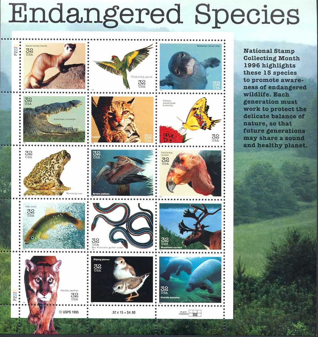 Endangered Species Collectible Sheet of Fifteen 32 Cent Stamps Scott 3105 By USPS