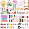 93 PCS Miniature Dollhouse Accessories Dollhouse Bathroom and Makeup Set with Towel Toothbrush Shampoo Toiletries Mini Perfume Shoes Backpack for Girl