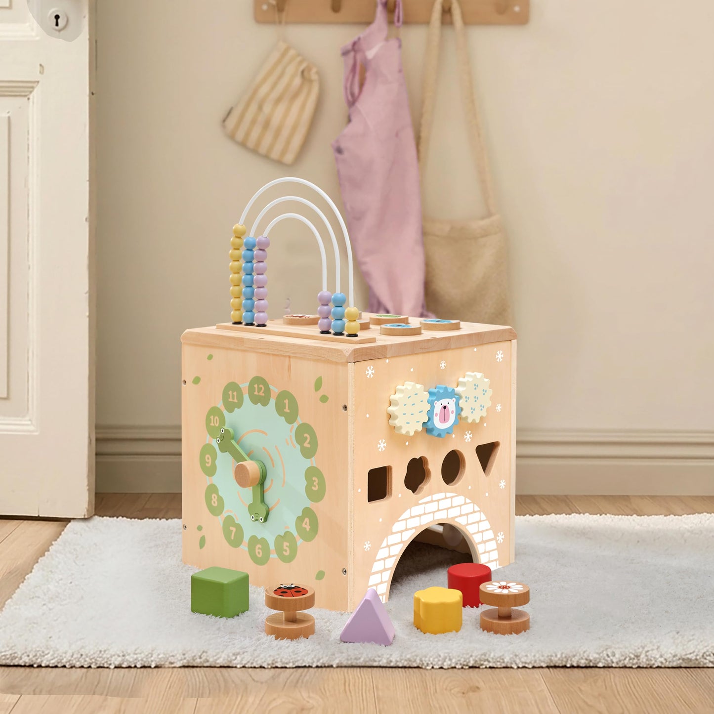 KizKnows Kid Wooden Activity Cube Montessori Development Toy for 1 Year Old