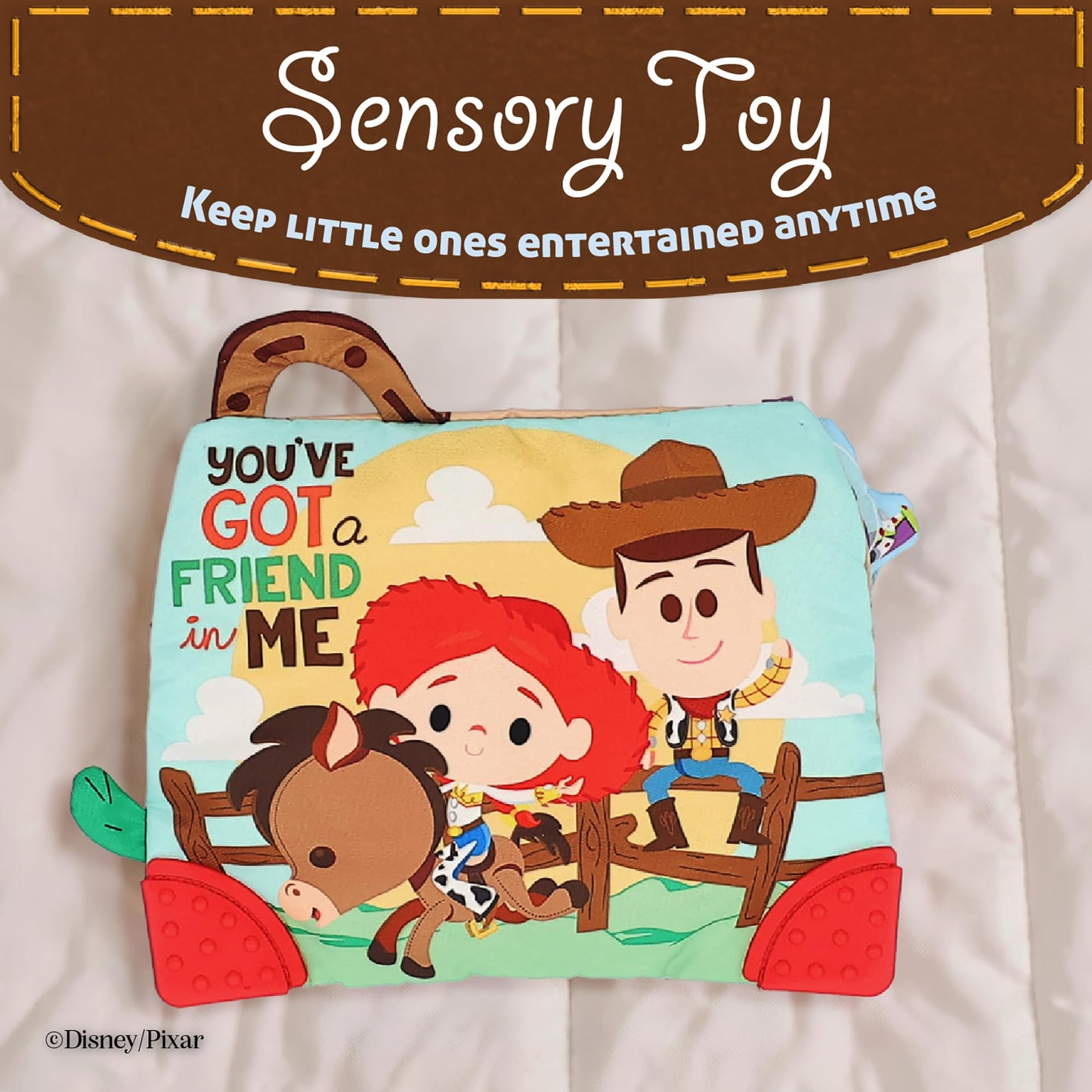 Disney Toy Story Andy’s Toy Box On-The-Go Clip by Kids Preferred - Soft Sensory Teether with Crinkle Sounds & Rattle