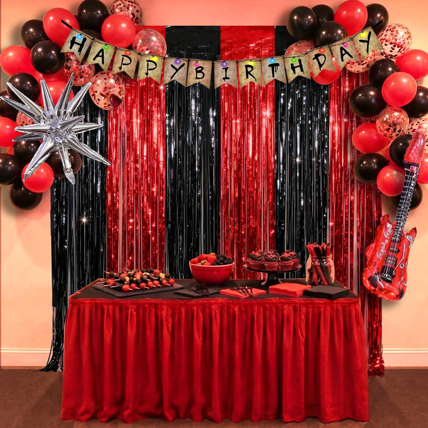 Black Red Party Streamers Backdrop, 2 Pack Black Red Fringe Curtains Tinsel Photo Streamers for Stranger/Friday Party/Halloween Party Decorations