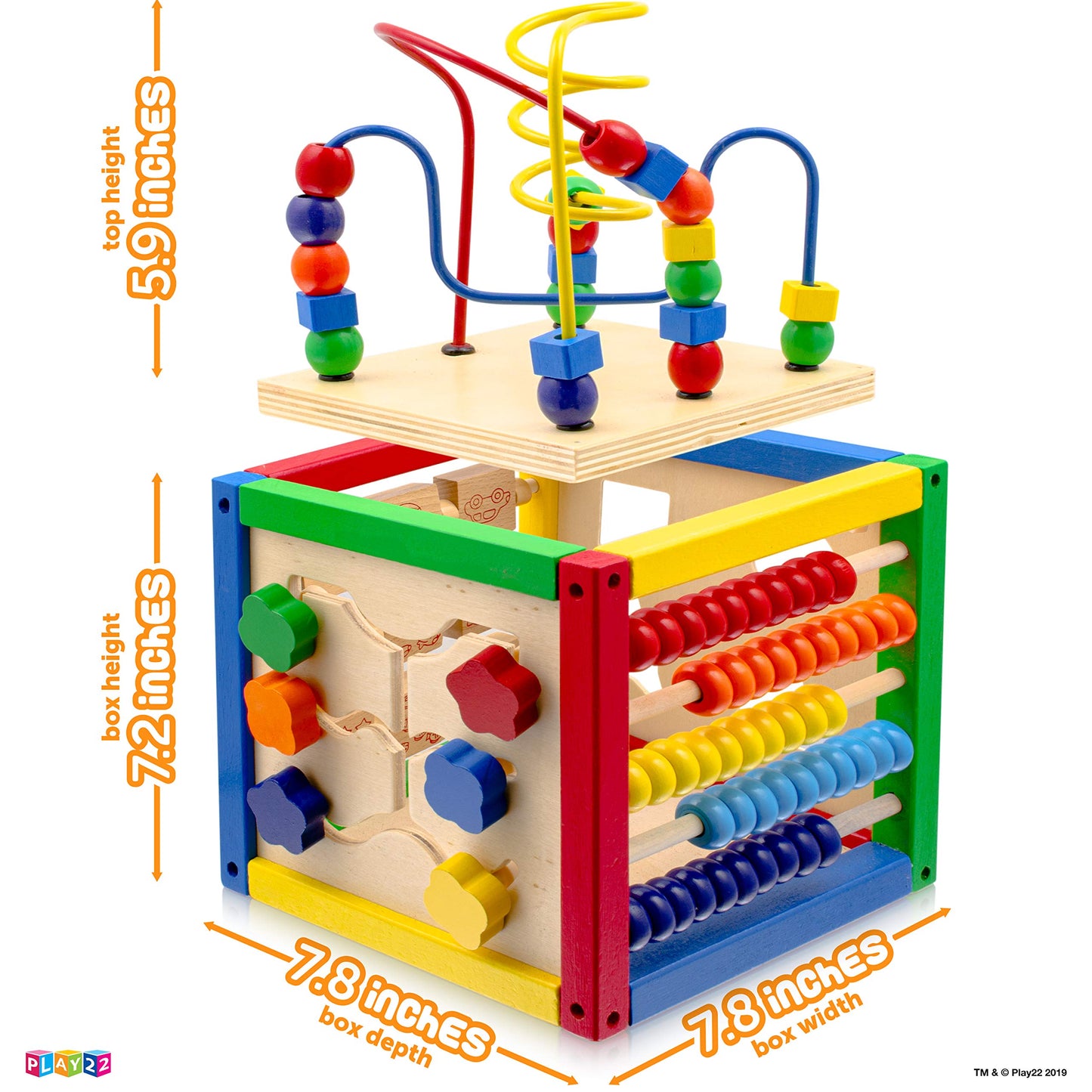Play22 Wooden Activity Cube for Baby - 6 in-1 Baby Activity Play Cube with Bead Maze, Shape Sorter, Abacus Counting Beads, Counting Numbers, Sliding