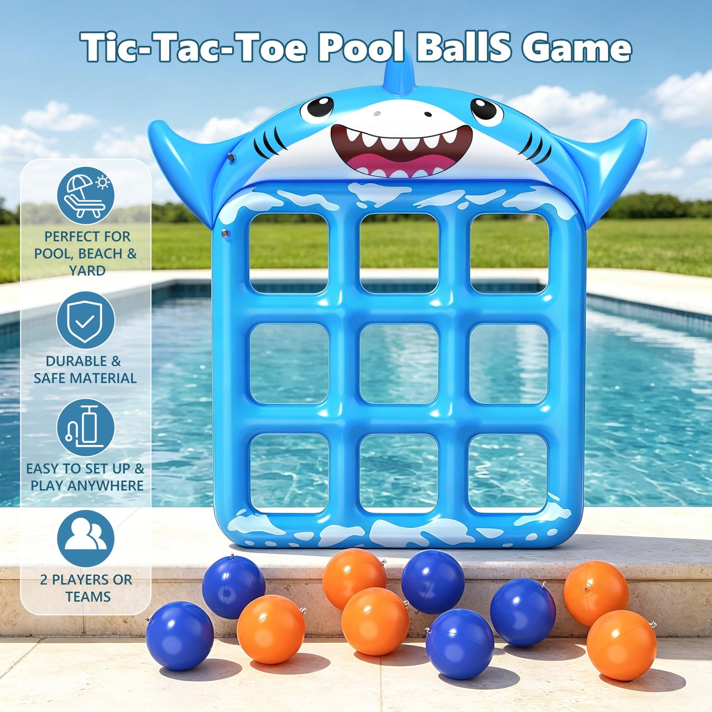 Instaywell Pool Toys Games for Kids & Adults, 72”x54” Giant Inflatable Floating Pool Tic Tac Toe Game with 10 Balls, Pool Game Party Toy Floats