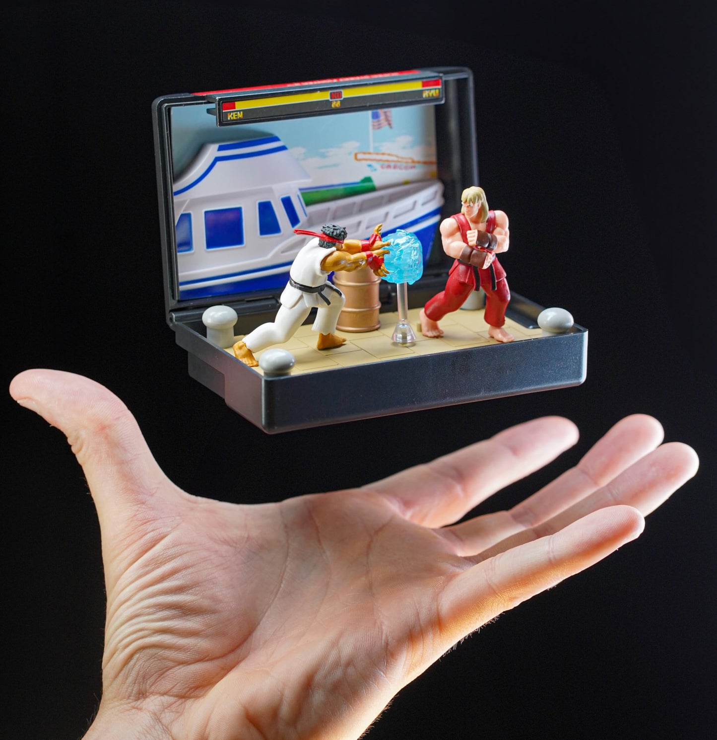 Console Heroes Super Street Fighter II Collectible Diorama - Mini Ryu & Ken Figures with Dock Stage Scene - Retro SEGA Genesis Cartridge Display &