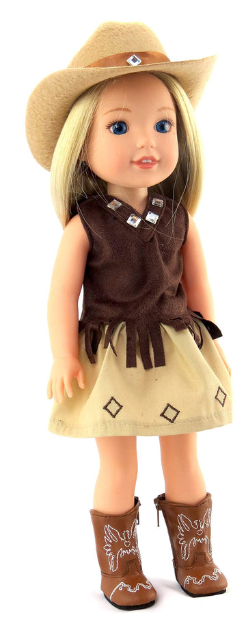 American Fashion World Brown Cowgirl Outfit for 14-Inch Dolls | Hat and Boots Included| Premium Quality & Trendy Design | Dolls Clothes | Outfit