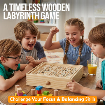 STERLING Wooden Labyrinth Marble Maze Game, Large 12.75" x 11.5" Tilt Maze Game Board with 60 Waypoints and Marble Balls Included, for Kids and Adults