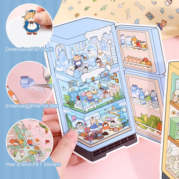 ZSYTZL 4 Sheets 3D DIY Stickers Scene, Cute Miniature Scene Sticker Waterproof Quiet Book with Tweezers Four Seasons Flowers Decorating Phones