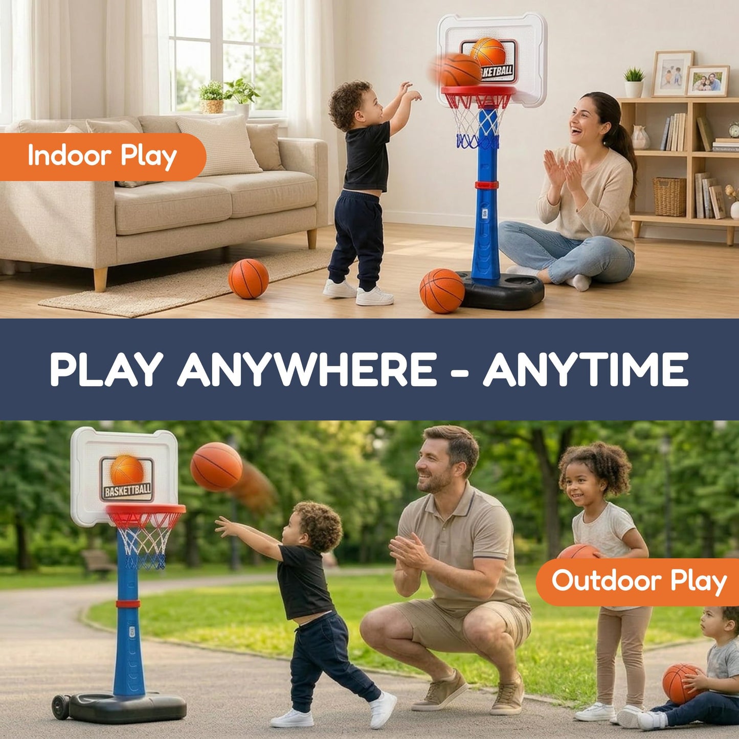 Homeli Toddler Basketball Hoop for Indoor Outdoor Play, Adjustable Mini Basketball Hoop with 3 Soft Balls & Pump, Easy to Assemble Basketball Goal