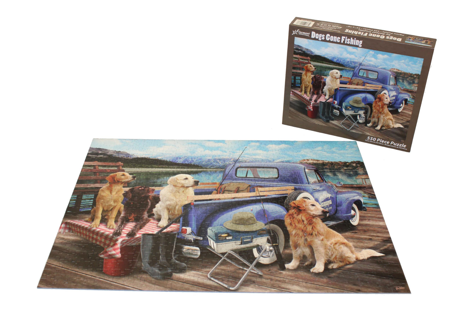 Vermont Christmas Company Dogs Gone Fishing Jigsaw Puzzle - 550 Piece Dog Puzzle for Adults & Families - Cute Puzzles of Dogs with Durable, Fully