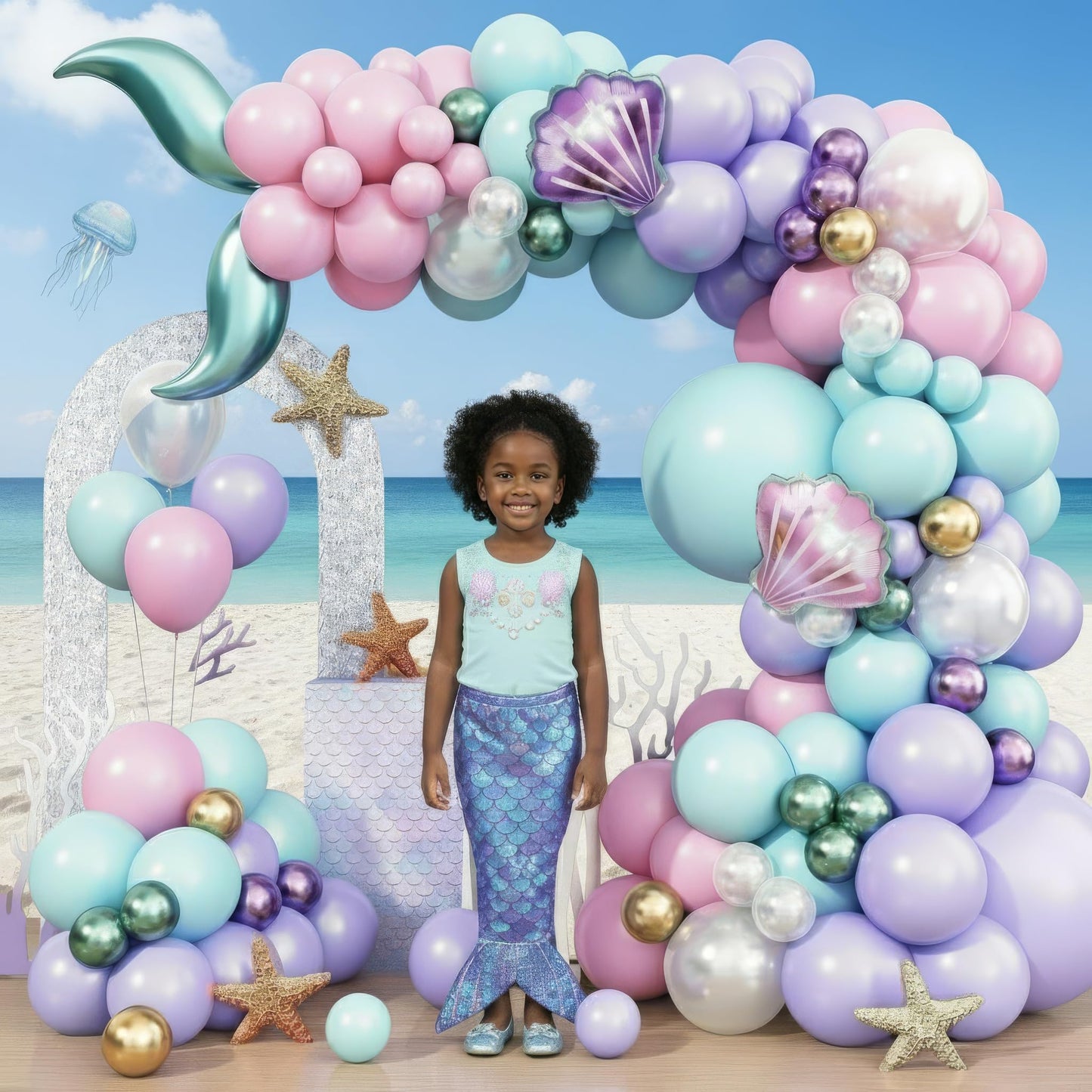 Mermaid Balloon Garland Arch Kit - Under the Sea Party Decorations with Pastel Pink, Blue, Purple, Gold Balloons, Shell & Tail Foil Balloons, Ocean