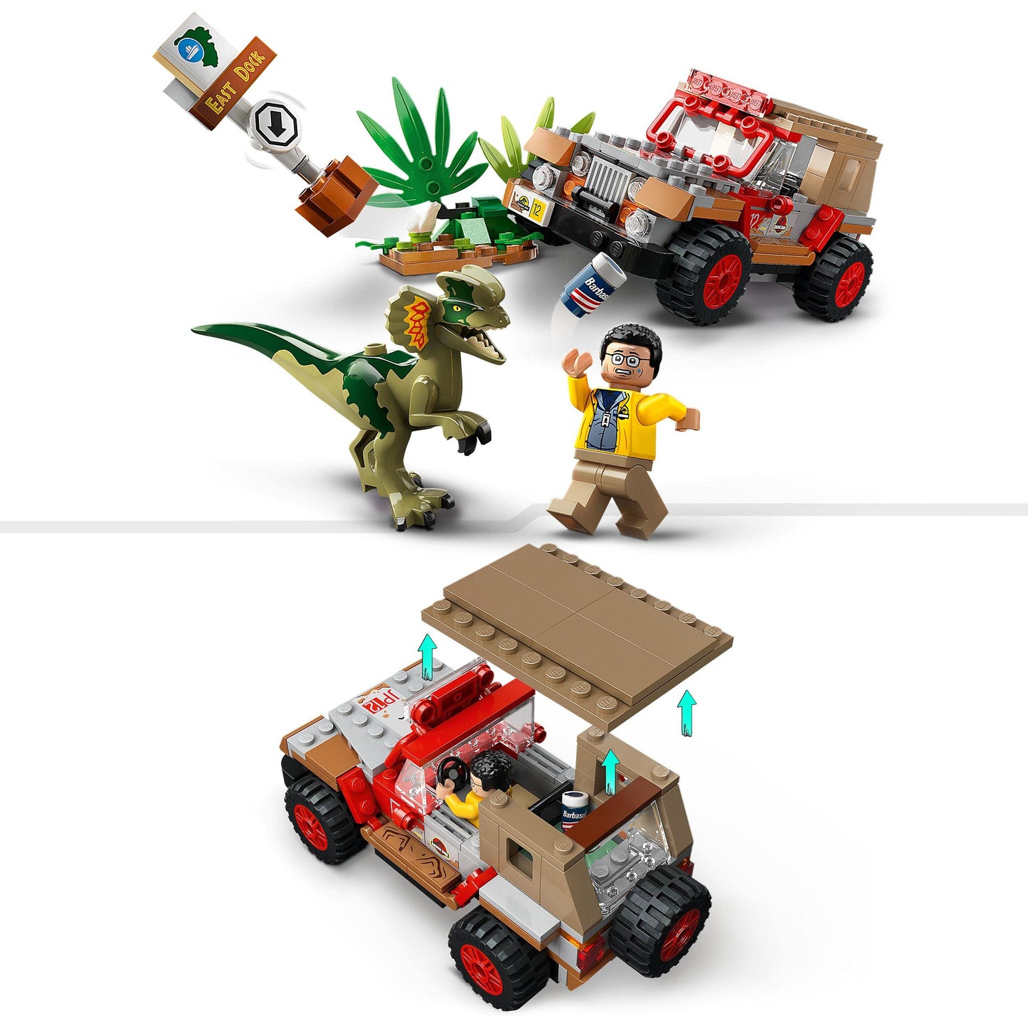 LEGO 76958 Jurassic Park Dilophosaurus Ambush Dinosaur Toy Set with Figure and Jeep for Children from 6 Years