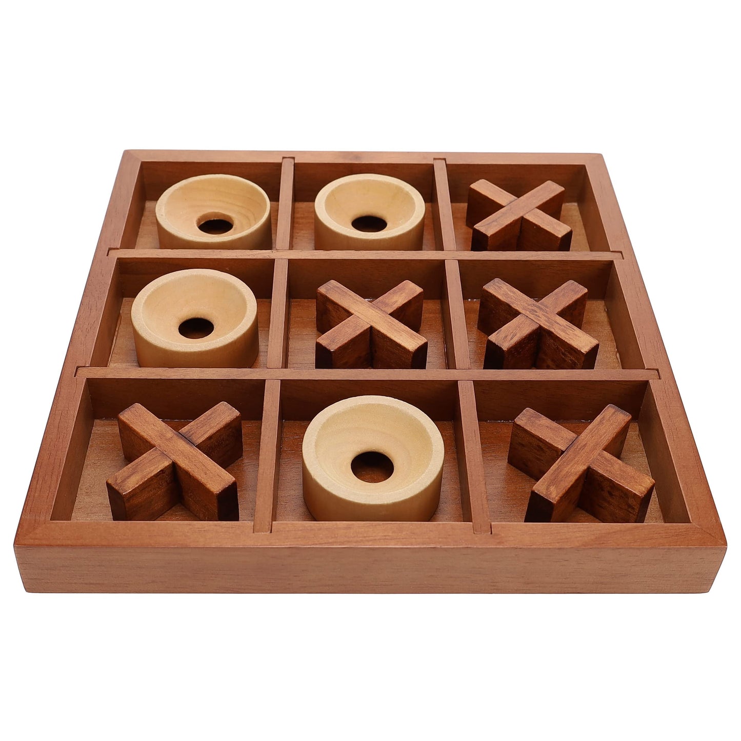 Wooden Tic Tac Toe Game - 9 Inch Solid Wood Board with X and O Pieces, Decorative Coffee Table Game, Classic Home Décor Accent